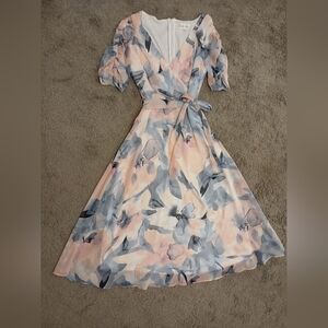 Harper Rose Blue & Pink Floral Midi Dress Mock Wrap Dress V Neck Size 10